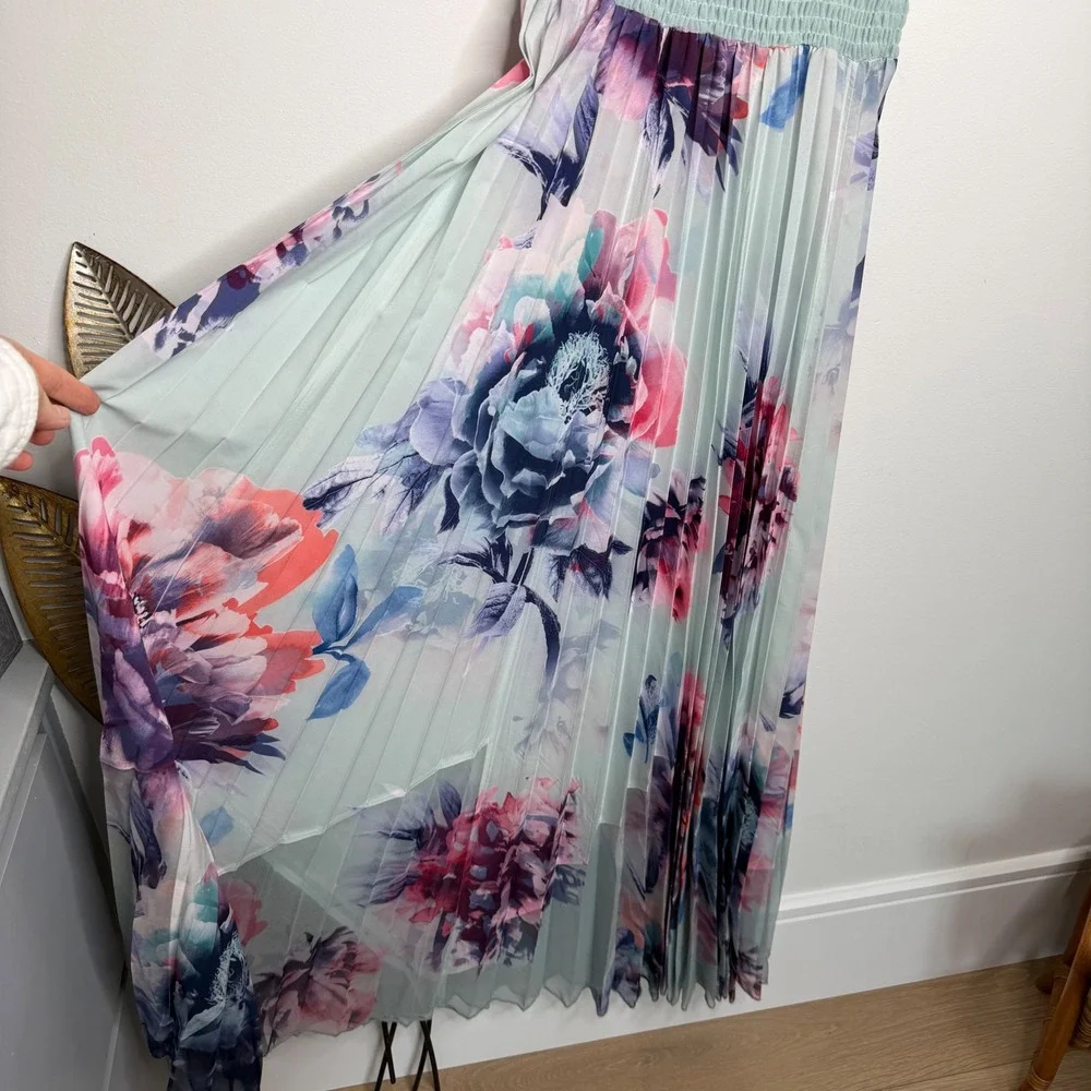 K5 Komarov Floral‎ Pleated Maxi Dress Mint Pink Blue Smocked Waist Womens Large